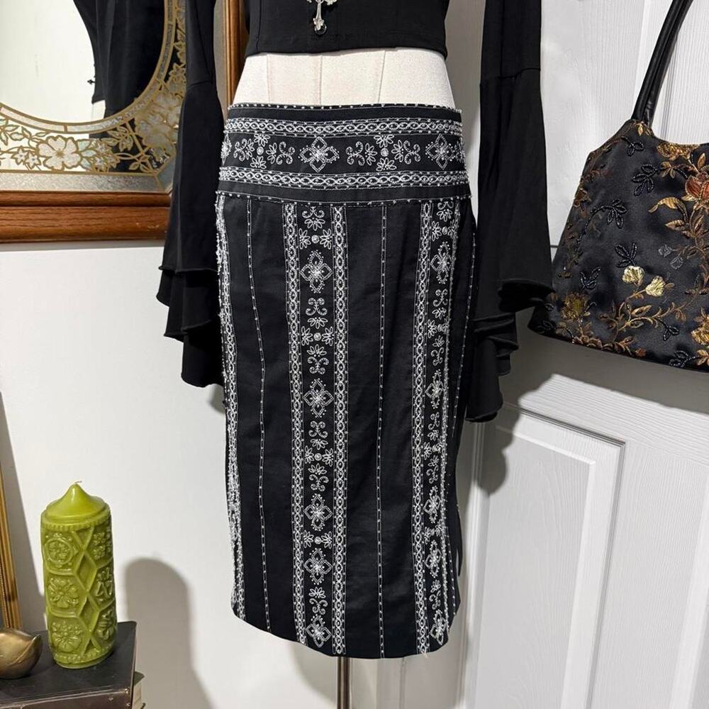 Y2K ECI New York Black & White Boho Embroidered Beaded Pencil Skirt w Slits 6